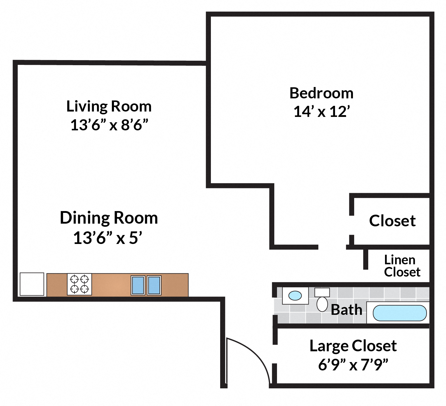 Floor plan for 1 bed, 1 bath, 478 sqft